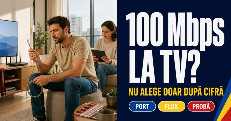 Bărbat ținând un cablu Ethernet și femeie cu tabletă lângă televizor într-un living; text 100 Mbps la TV, Nu alege doar după cifră și badge-uri Port, Flux, Probă.
