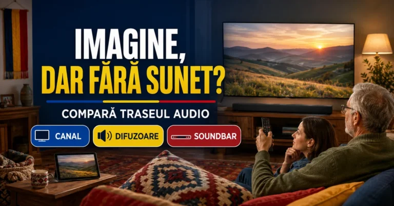 Bărbat cu păr cărunt și femeie lângă televizor, soundbar și tabletă într-un living cu textile românești; text Imagine, dar fără sunet și badge-uri Canal, Difuzoare, Soundbar.
