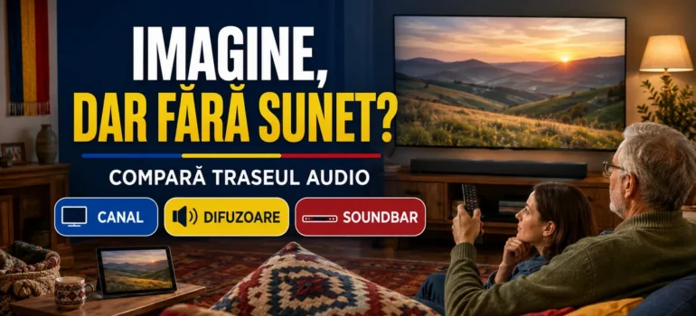 Bărbat cu păr cărunt și femeie lângă televizor, soundbar și tabletă într-un living cu textile românești; text Imagine, dar fără sunet și badge-uri Canal, Difuzoare, Soundbar.