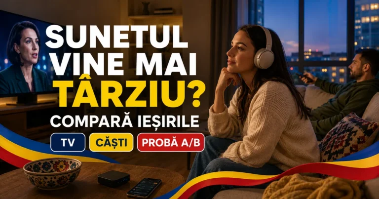 Femeie cu căști într-un living, bărbat cu telecomandă și televizor cu o persoană vorbind; text Sunetul vine mai târziu, Compară ieșirile și badge-uri TV, Căști, Probă A/B.