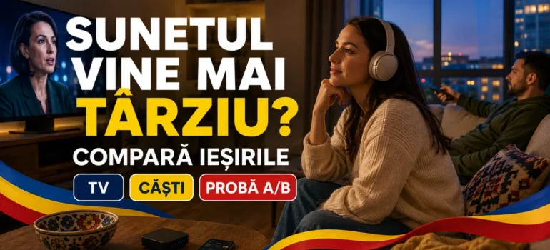 Femeie cu căști într-un living, bărbat cu telecomandă și televizor cu o persoană vorbind; text Sunetul vine mai târziu, Compară ieșirile și badge-uri TV, Căști, Probă A/B.