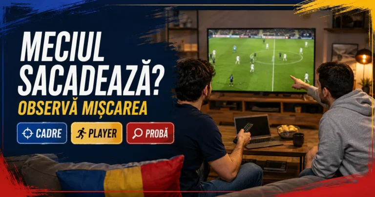Doi bărbați urmăresc o scenă generică de fotbal pe televizor, cu telecomandă, laptop și pernă tricolor; text Meciul sacadează, Observă mișcarea și badge-uri Cadre, Player, Probă.