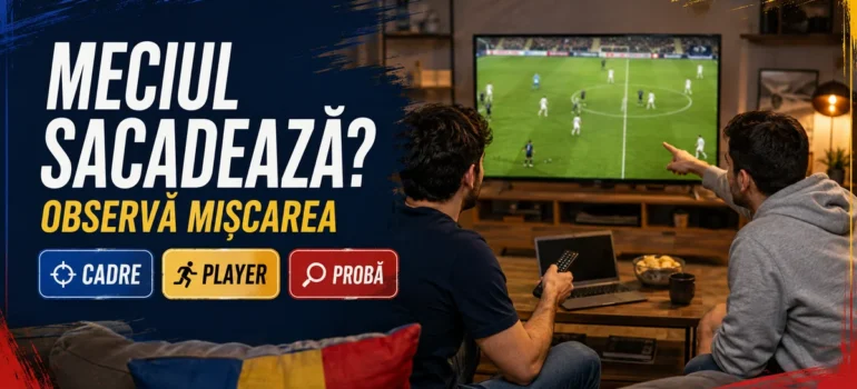Doi bărbați urmăresc o scenă generică de fotbal pe televizor, cu telecomandă, laptop și pernă tricolor; text Meciul sacadează, Observă mișcarea și badge-uri Cadre, Player, Probă.