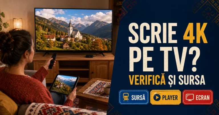 Femeie în cardigan cărămiziu cu telecomandă și tabletă într-un living, lângă televizor cu peisaj montan și accente tricolor; text Scrie 4K pe TV, Verifică și sursa și badge-uri Sursă, Player, Ecran.