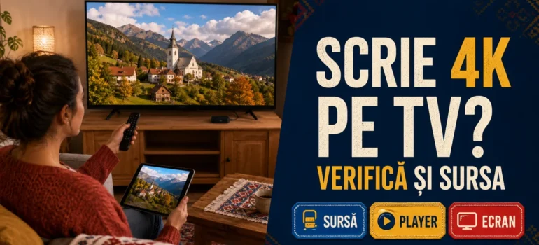 Femeie în cardigan cărămiziu cu telecomandă și tabletă într-un living, lângă televizor cu peisaj montan și accente tricolor; text Scrie 4K pe TV, Verifică și sursa și badge-uri Sursă, Player, Ecran.