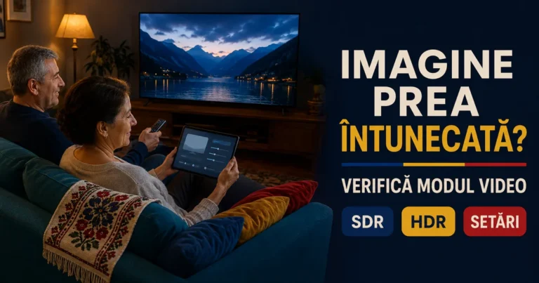 Cuplu cu păr grizonat pe canapea, cu tabletă și telecomandă, privind un televizor cu lac montan la apus; accente tricolor și text Imagine prea întunecată, Verifică modul video, SDR, HDR, Setări.