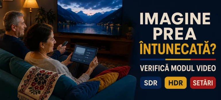 Cuplu cu păr grizonat pe canapea, cu tabletă și telecomandă, privind un televizor cu lac montan la apus; accente tricolor și text Imagine prea întunecată, Verifică modul video, SDR, HDR, Setări.