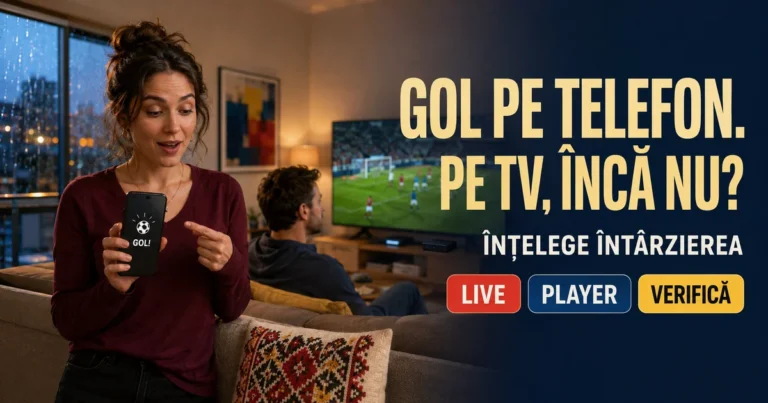 Femeie cu telefon afișând simbol de minge și Gol, lângă partenerul care privește fotbal generic la televizor; decor tricolor, text Gol pe telefon, Pe TV încă nu, Înțelege întârzierea și badge-uri Live, Player, Verifică.