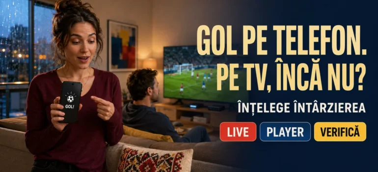 Femeie cu telefon afișând simbol de minge și Gol, lângă partenerul care privește fotbal generic la televizor; decor tricolor, text Gol pe telefon, Pe TV încă nu, Înțelege întârzierea și badge-uri Live, Player, Verifică.