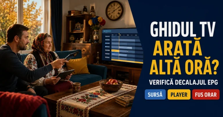 Femeie în vârstă și bărbat cu tabletă și telecomandă lângă televizor cu grilă ilustrativă, ceas și decor românesc de toamnă; text Ghidul TV arată altă oră, Verifică decalajul EPG, Sursă, Player, Fus orar.