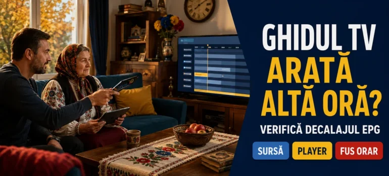 Femeie în vârstă și bărbat cu tabletă și telecomandă lângă televizor cu grilă ilustrativă, ceas și decor românesc de toamnă; text Ghidul TV arată altă oră, Verifică decalajul EPG, Sursă, Player, Fus orar.