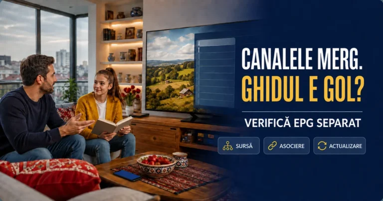Tată și fiică cu un caiet deschis într-un living cu decor românesc, televizor cu peisaj și ghid ilustrativ gol, telefon pe masă; text Canalele merg. Ghidul e gol?, Verifică EPG separat, Sursă, Asociere, Actualizare.