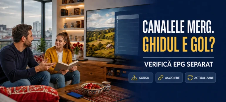 Tată și fiică cu un caiet deschis într-un living cu decor românesc, televizor cu peisaj și ghid ilustrativ gol, telefon pe masă; text Canalele merg. Ghidul e gol?, Verifică EPG separat, Sursă, Asociere, Actualizare.