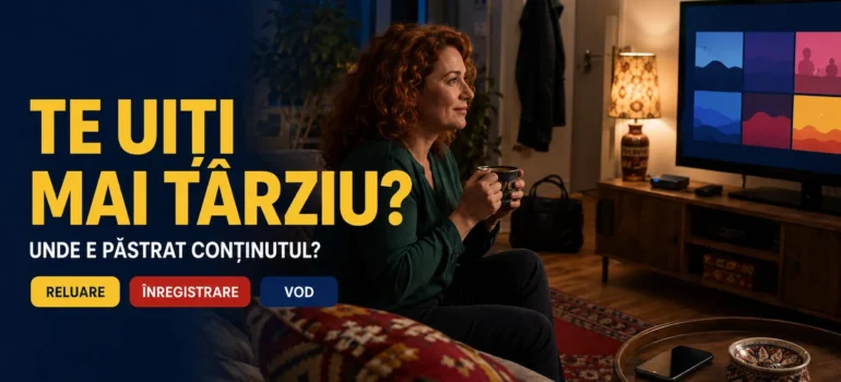 Femeie cu o cană într-un living de seară cu decor românesc, televizor cu miniaturi ilustrative, box și telefon pe masă; text Te uiți mai târziu?, Unde e păstrat conținutul?, Reluare, Înregistrare, VOD.