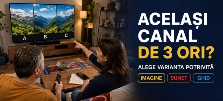 Cuplu cu telecomandă în fața televizorului cu trei peisaje ilustrative etichetate A, B și C, telefon și caiet pe masă; text Același canal de3ori?, Alege varianta potrivită, Imagine, Sunet, Ghid.