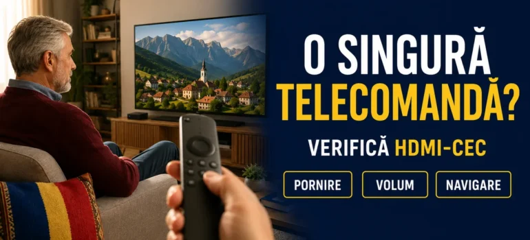 Bărbat într-un fotoliu, televizor cu peisaj montan și telecomandă în prim-plan; accente tricolor și text O singură telecomandă?, Verifică HDMI-CEC, Pornire, Volum, Navigare.