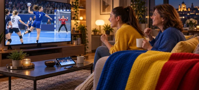 Două femei urmărind handbal feminin pe televizor, cu tabletă, telefon și tricolor românesc în living