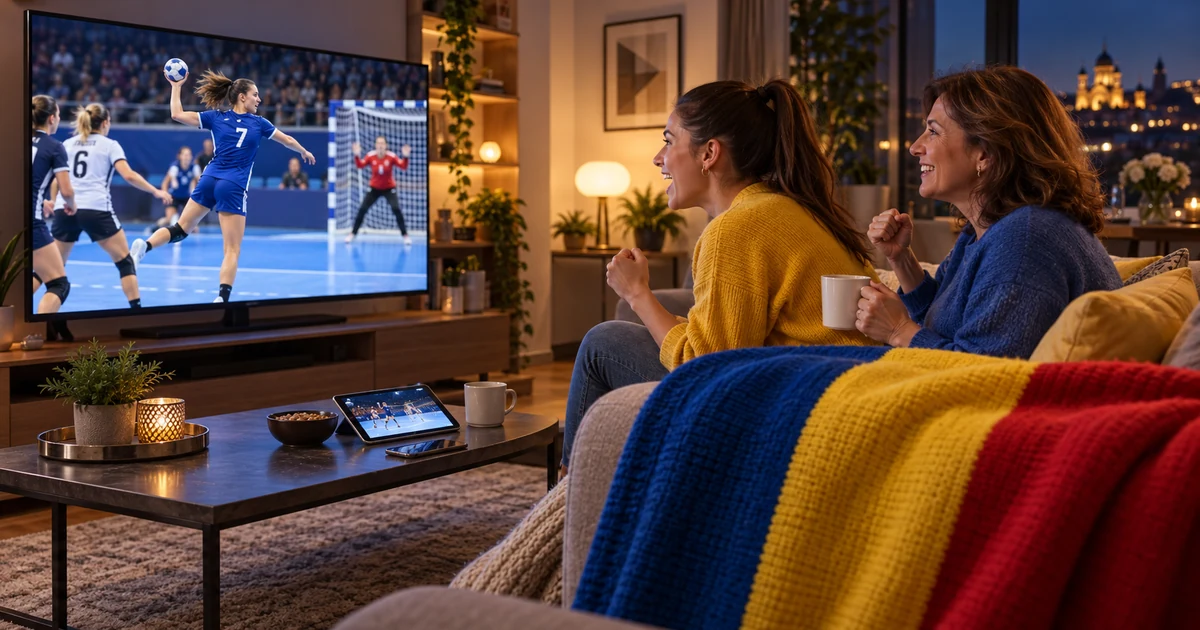 Două femei urmărind handbal feminin pe televizor, cu tabletă, telefon și tricolor românesc în living