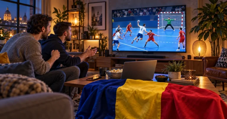 Prieteni urmărind handbal masculin pe televizor într-un living, cu laptop, telefon și tricolor românesc pe masă
