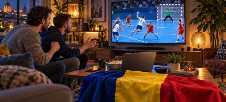 Prieteni urmărind handbal masculin pe televizor într-un living, cu laptop, telefon și tricolor românesc pe masă