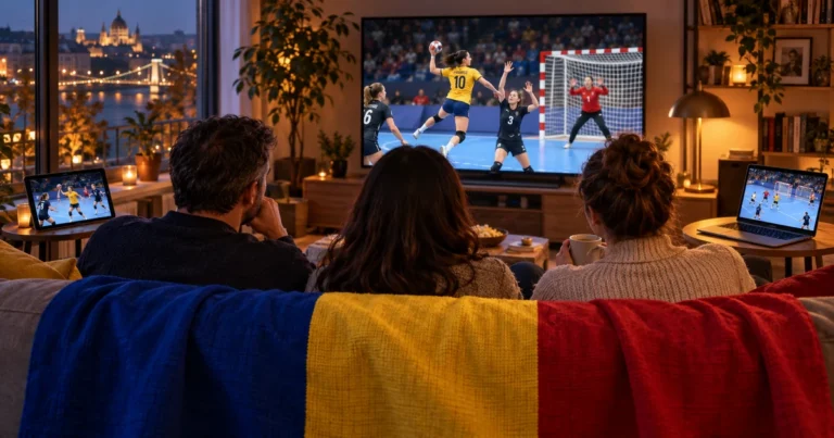 Trei adulți privesc handbal feminin pe televizor, cu tabletă și laptop, în spatele unei canapele acoperite cu tricolor