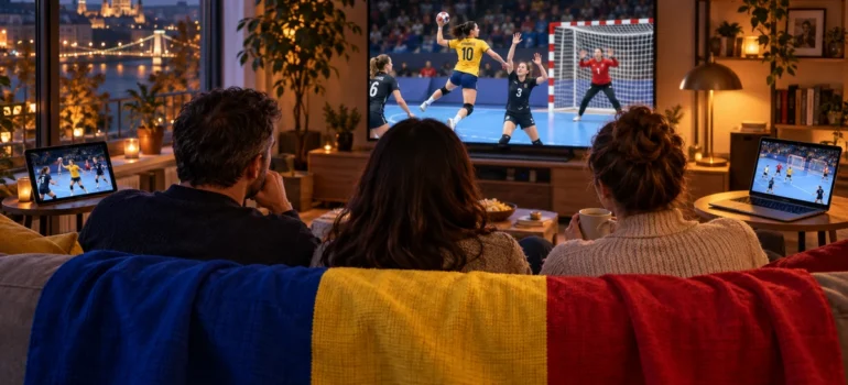 Trei adulți privesc handbal feminin pe televizor, cu tabletă și laptop, în spatele unei canapele acoperite cu tricolor