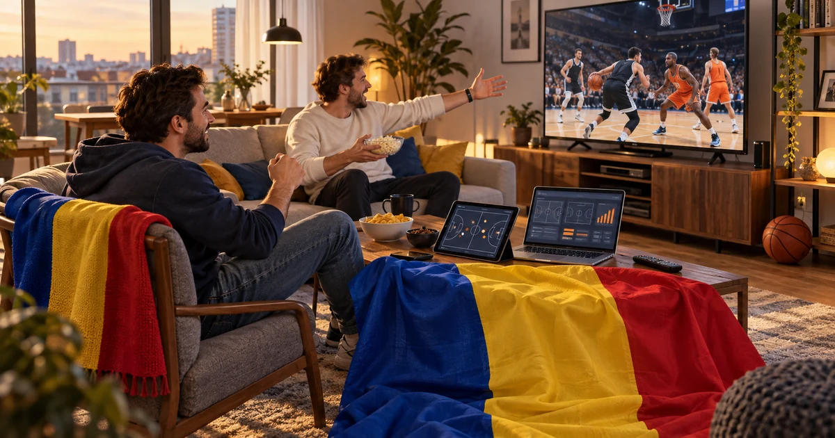 Doi suporteri urmăresc baschet pe televizor, într-un living cu tabletă, laptop și tricolor românesc
