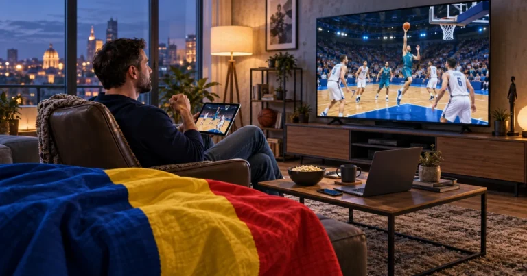 Suporter urmărește baschet pe televizor într-un living cu tabletă, laptop, telefon și tricolor românesc