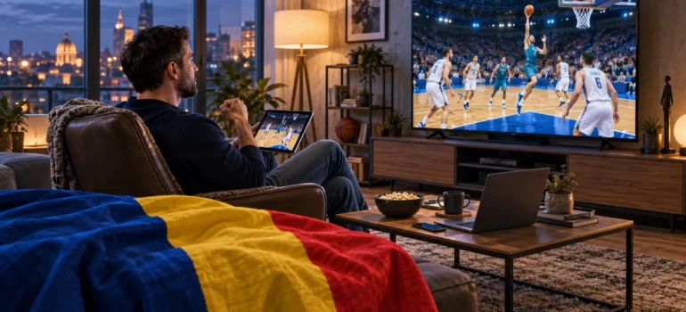 Suporter urmărește baschet pe televizor într-un living cu tabletă, laptop, telefon și tricolor românesc