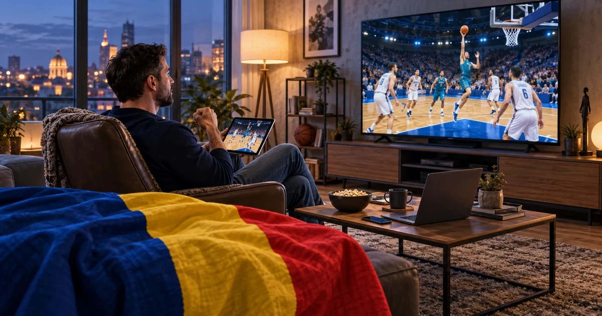 Suporter urmărește baschet pe televizor într-un living cu tabletă, laptop, telefon și tricolor românesc