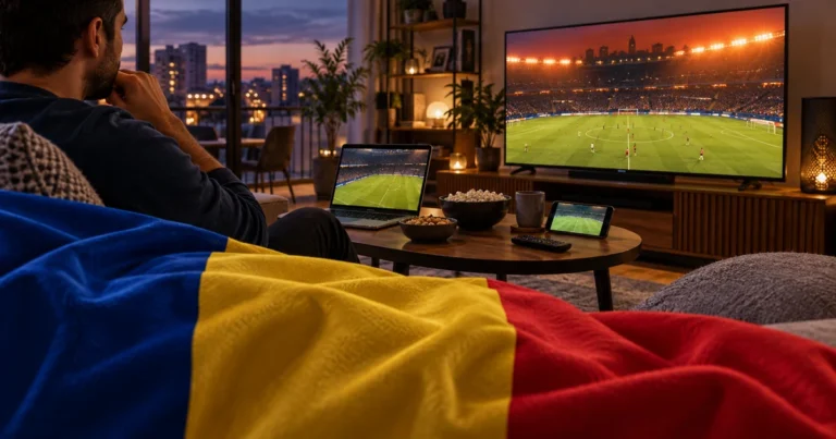 Televizor, laptop și telefon cu fotbal într-un living de seară, lângă un tricolor românesc drapat