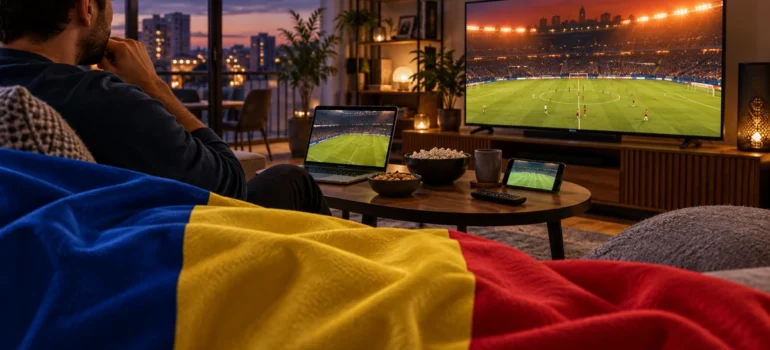 Televizor, laptop și telefon cu fotbal într-un living de seară, lângă un tricolor românesc drapat