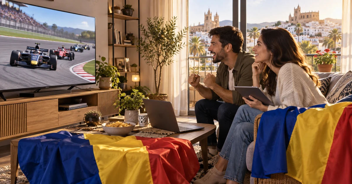 Cuplu urmărește monoposturi la televizor, cu tabletă, laptop și textile tricolore într-un living luminos