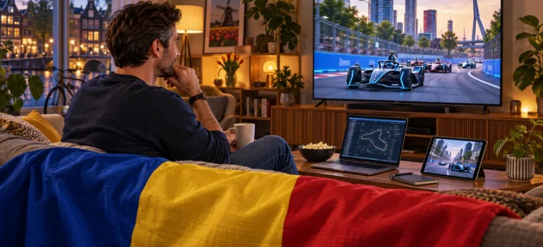 Bărbat urmărește curse electrice la televizor într-un living, cu laptop, tabletă și pled tricolor
