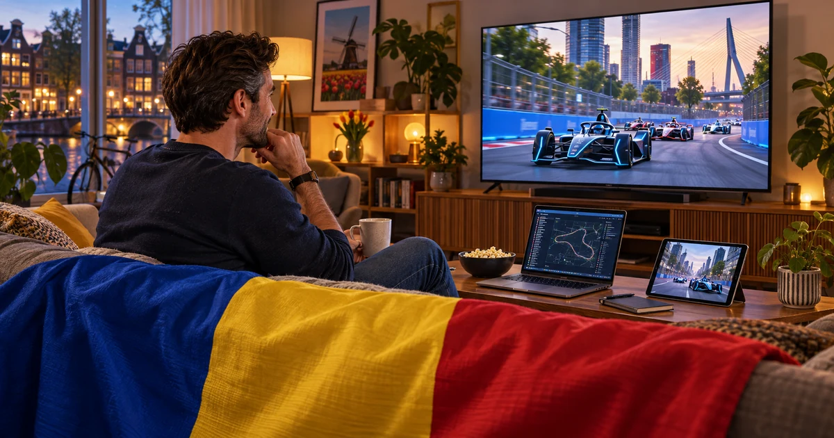 Bărbat urmărește curse electrice la televizor într-un living, cu laptop, tabletă și pled tricolor