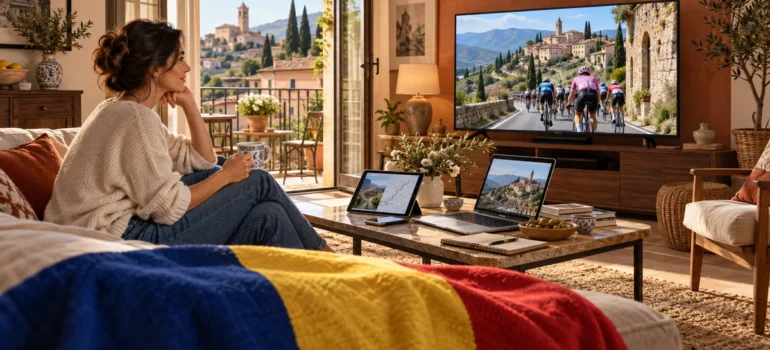 Femeie urmărește ciclism la televizor într-un living italian, cu laptop, tabletă și pled tricolor