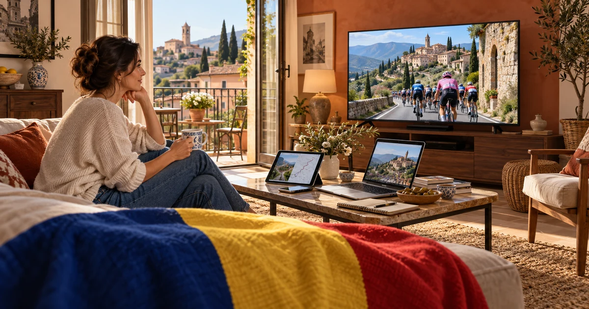 Femeie urmărește ciclism la televizor într-un living italian, cu laptop, tabletă și pled tricolor