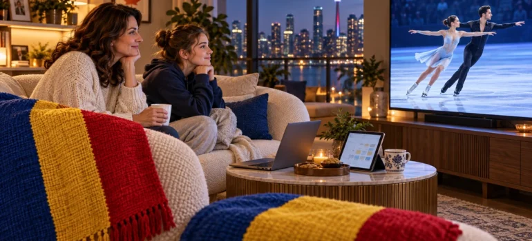 Mamă și fiică urmăresc patinaj artistic la televizor într-un living cu laptop, tabletă și textile tricolore