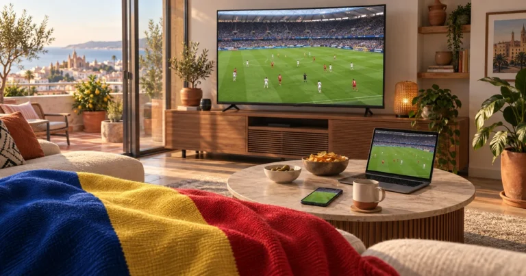 Fotbal pe televizor într-un living luminos cu laptop, telefon și tricolor românesc drapat în prim-plan