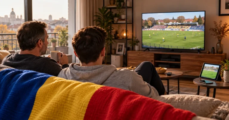 Tată și fiu adult urmărind fotbal pe televizor, într-un living cu tabletă, telefon și tricolor românesc pe canapea