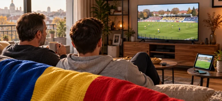 Tată și fiu adult urmărind fotbal pe televizor, într-un living cu tabletă, telefon și tricolor românesc pe canapea