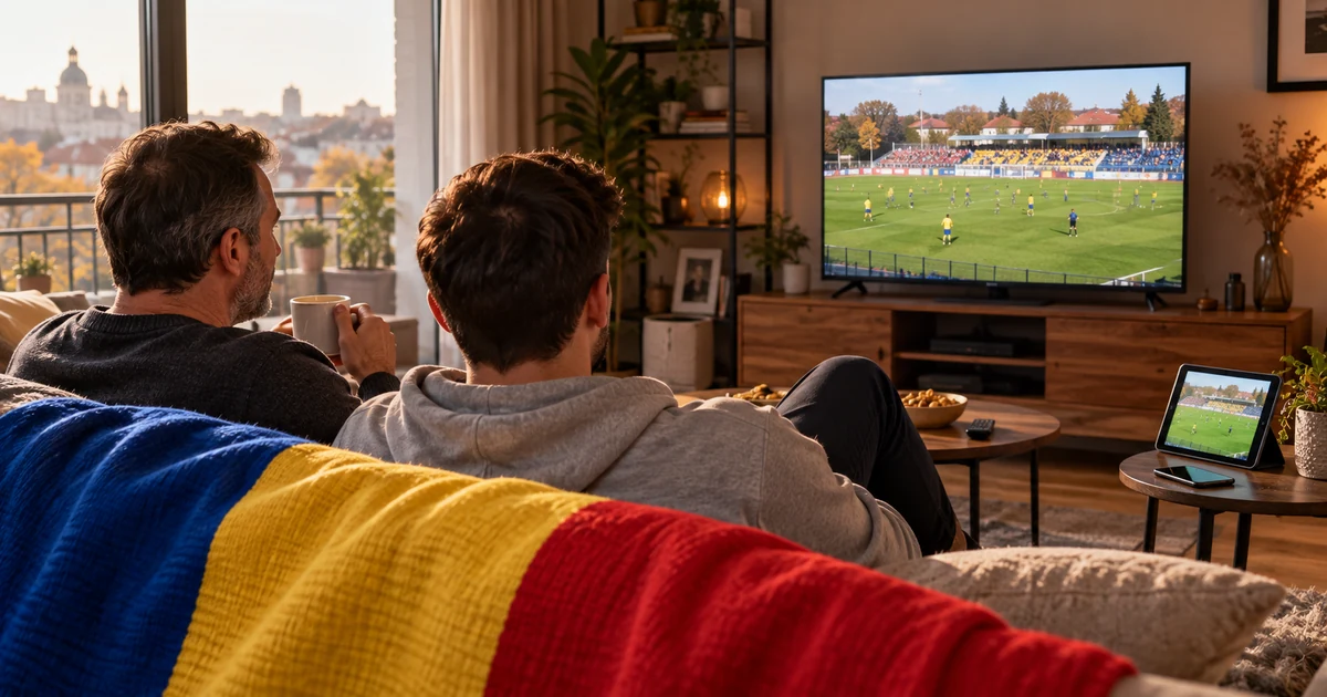 Tată și fiu adult urmărind fotbal pe televizor, într-un living cu tabletă, telefon și tricolor românesc pe canapea