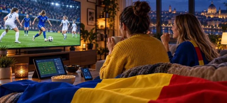 Două suportere urmăresc fotbal feminin pe televizor, cu tabletă, telefon și tricolor românesc în living