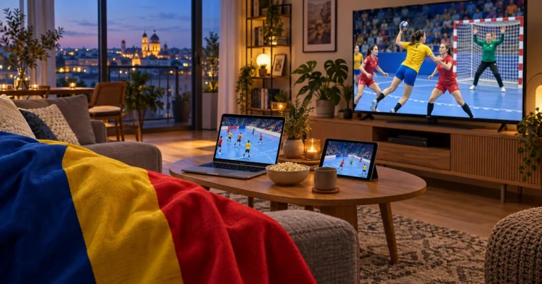 Handbal feminin pe televizor, laptop și tabletă, într-un living cu tricolor drapat pe canapea
