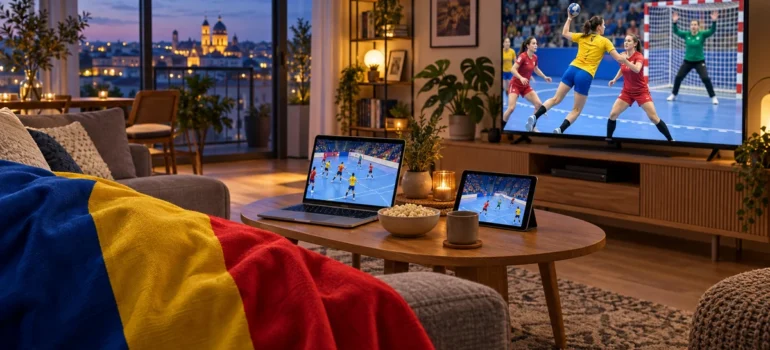Handbal feminin pe televizor, laptop și tabletă, într-un living cu tricolor drapat pe canapea