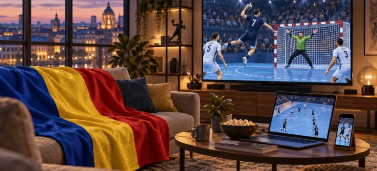 Handbal masculin pe televizor, laptop și telefon, într-un living cu tricolorul drapat pe canapea