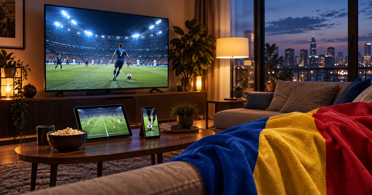 Fotbal pe televizor, tabletă și telefon într-un living, cu tricolorul drapat pe canapea