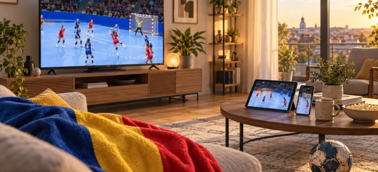 Handbal feminin pe televizor într-un living cu tabletă, telefon, minge și tricolor românesc drapat