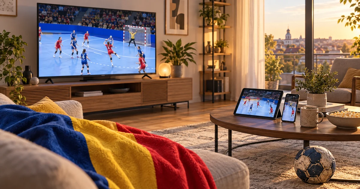 Handbal feminin pe televizor într-un living cu tabletă, telefon, minge și tricolor românesc drapat
