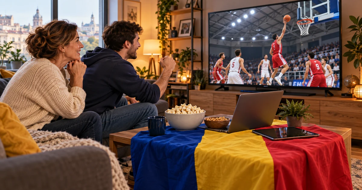 Mamă și fiu adult urmăresc baschet românesc ilustrativ pe televizor, cu laptop, tabletă și tricolor în living